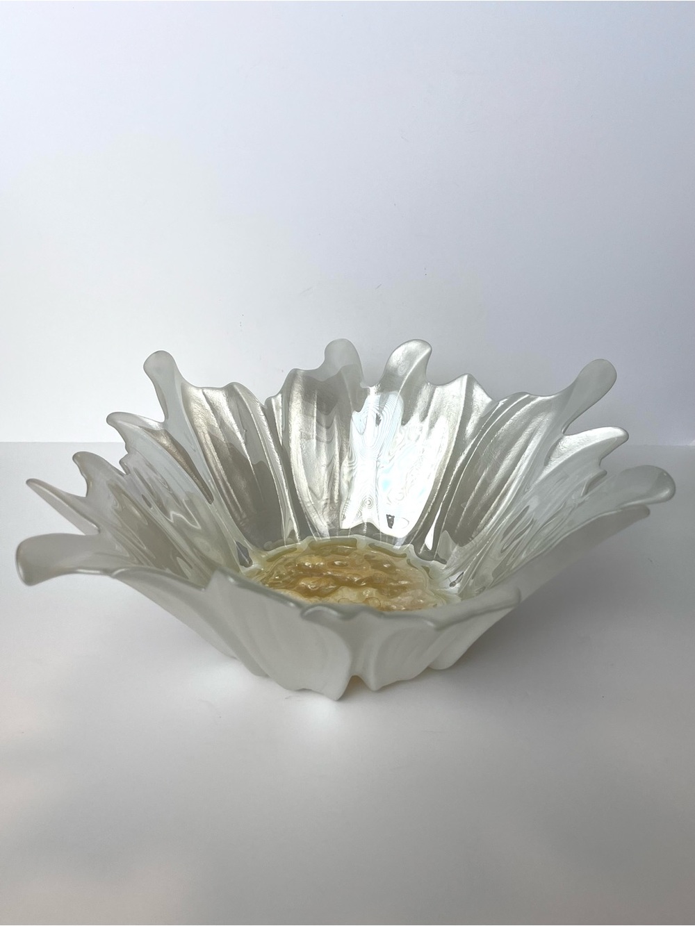 Vintage AKCAM Turkish Art Glass Bowl Iridescent White Gold Sunflower 11.5”